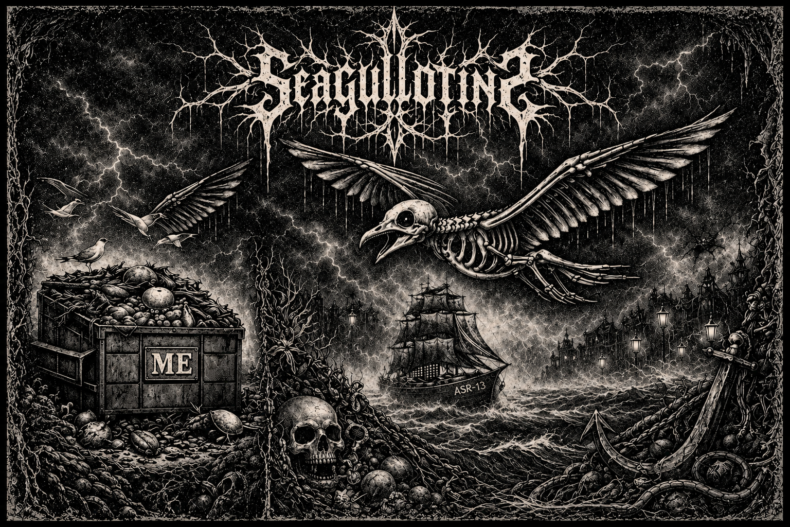 Original black-and-white Seagullotine artwork: skeletal gull above a stormy sea, ship, skulls and seabirds.